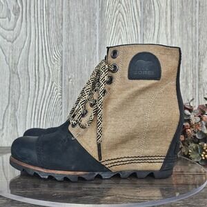 Sorel Joan of Arctic Wedge II Bootie Women 8 Black Tan Leather Canvas NL2796-012